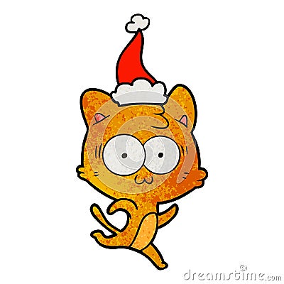 textured cartoon of a surprised cat running wearing santa hat Vector Illustration
