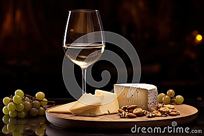 Textured closeup of cheese slices, glass of wine, rustic wooden plate and a cozy background Stock Photo