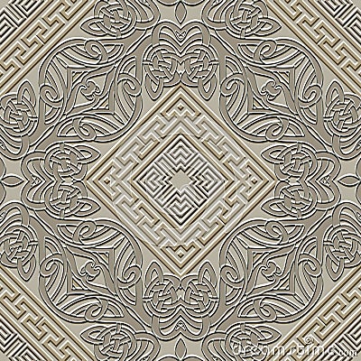 Textured emboss celtic greek relief 3d seamless pattern with rhombus ornamental frames. Embossed celtic knots grunge vector Vector Illustration