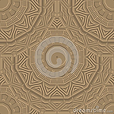 Textured emboss tiled mandalas seamless pattern. Embossed ornamental surface vector background. Round textured relief mandalas Vector Illustration