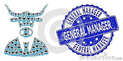 Textured General Manager Round Watermark and Fractal Cow Boss Icon Composition Vector Illustration