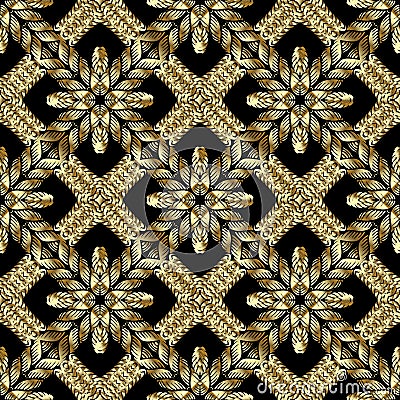 Textured gold 3d twisted ropes seamless pattern. Waffle rhombus vector background. Embroidery vintage flowers, lines, frames, Vector Illustration