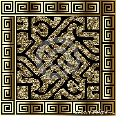 Textured gold stipples dotted ancient greece seamless pattern with greek square frame border. Ornamental greek key meanders grunge Vector Illustration