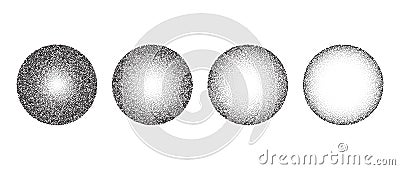 Textured gradient spheres set. Black dotted circles collections. Stippled round elements pack. Fading noise grain Vector Illustration
