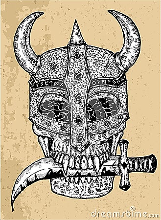 Textured illustration of scary skull in knight helm holding dagger knife in teeth Vector Illustration