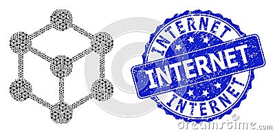 Textured Internet Round Watermark and Recursive Cube Nodes Icon Composition Vector Illustration
