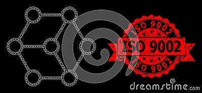 Textured ISO 9002 Stamp and Web Mesh Blockchain Nodes Vector Illustration