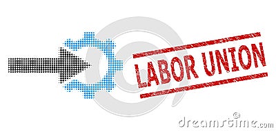 Textured Labor Union Stamp and Halftone Dotted Cog Integration Vector Illustration