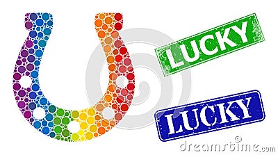 Textured Lucky Badges and Rainbow Gradient Dotted Horseshoe Mosaic Vector Illustration