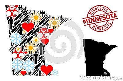 Textured Minnesota Stamp and Frost People Syringe Mosaic Map of Minnesota State Vector Illustration