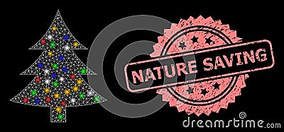 Textured Nature Saving Stamp and Net Fir Tree with Flash Nodes Vector Illustration