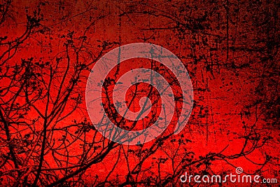 Textured old paper background with spring tree young branches against red sunset sky. Things differing strikingly Stock Photo