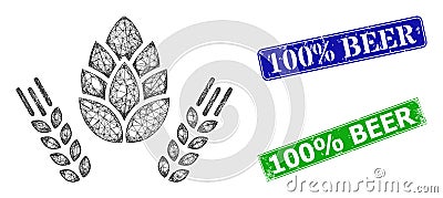 Textured 100 percent Beer Seals and Triangular Mesh Barley and Hop Icon Vector Illustration