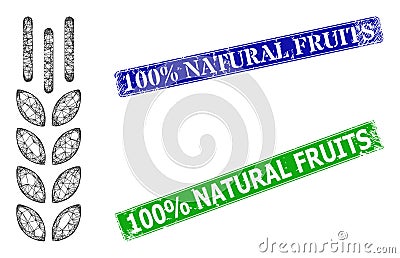 Textured 100 percent Natural Fruits Stamps and Polygonal Mesh Barley Ear Icon Vector Illustration