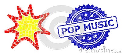 Textured Pop Music Stamp Seal and Square Dot Collage Exploding Boom Vector Illustration