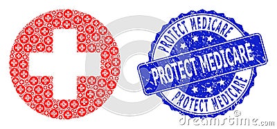 Textured Protect Medicare Round Stamp and Fractal Medical Cross Icon Composition Vector Illustration