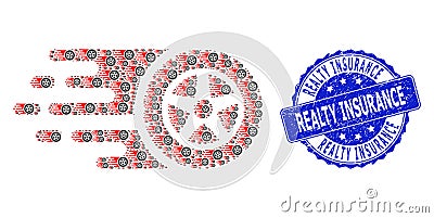 Textured Realty Insurance Round Seal Stamp and Recursion Tire Wheel Icon Collage Vector Illustration