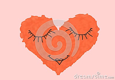 Textured red heart like paint strokes, painted face with closed eyes, pink background, Stock Photo