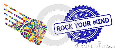 Textured Rock Your Mind Stamp and Bright Colored Mosaic Stone Meteorite Vector Illustration