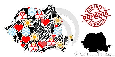 Textured Romania Stamp and Heart Humans Vaccine Collage Map of Romania Vector Illustration