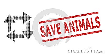 Textured Save Animals Seal and Halftone Dotted Recycle Vector Illustration