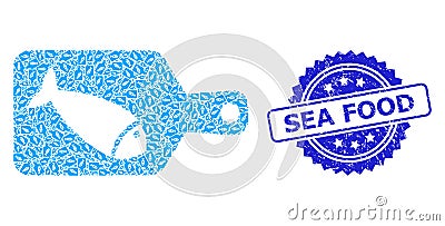 Textured Sea Food Stamp and Recursive Fish Cutting Board Icon Mosaic Vector Illustration