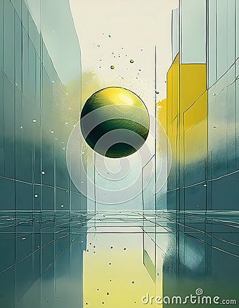 A textured sphere floats in an abstract urban space, reflected on a gridded surface, creating a sense of surreal juxtaposition Stock Photo