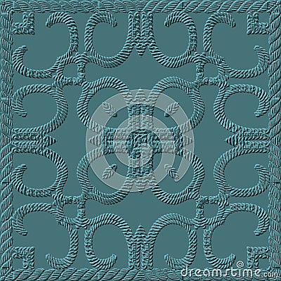Textured square frame. 3d twisted ropes seamless pattern. Tapestry emboss floral vector background. Relief vintage flowers, lines Vector Illustration
