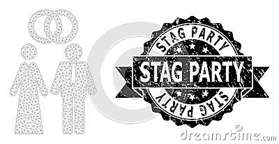 Textured Stag Party Ribbon Seal Stamp and Mesh Network Marriage Persons Vector Illustration