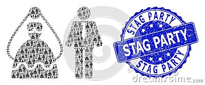 Textured Stag Party Round Stamp and Recursive Marriage Persons Icon Composition Vector Illustration