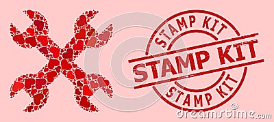 Rubber Stamp Kit Stamp Seal and Red Heart Repair Spanners Mosaic Vector Illustration