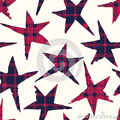 Textured Stamped Linocut Blue and Red Checkered Stars on White Background Vector Seamless Pattern Vector Illustration