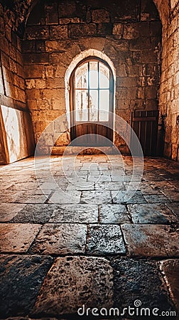 A textured stone floor features a unique window embedded within its surface, creating an intriguing architectural detail Stock Photo