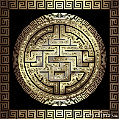 Textured strippled glittery gold 3d mandala seamless pattern with square ancient greek key meander frame, border. Ornamental Vector Illustration