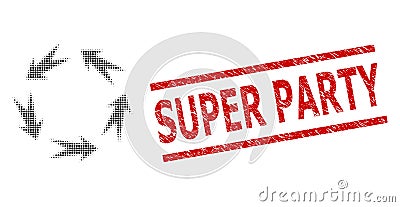 Textured Super Party Seal Stamp and Halftone Dotted Rotation Vector Illustration