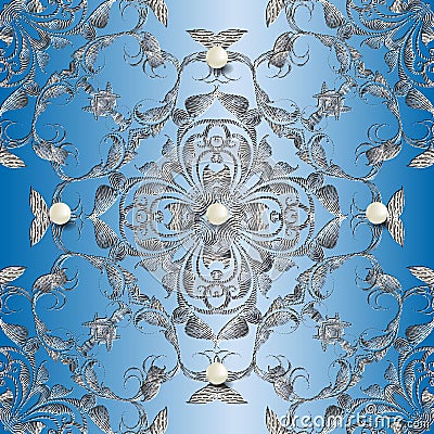Textured tapestry 3d Baroque vector seamless pattern. Jewelry ornamental blue background. Embroidery Damask floral Vector Illustration