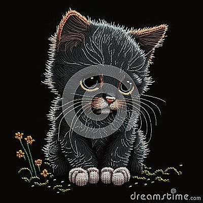 Textured tapestry sad kitten with blue eyes. Embroidery beautiful little cat for applique, decoupage, design. Embroidered satin Vector Illustration