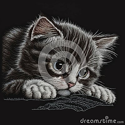 Textured tapestry sweet kitten with blue eyes. Embroidery beautiful young cat for applique, decoupage, design. Embroidered satin Vector Illustration