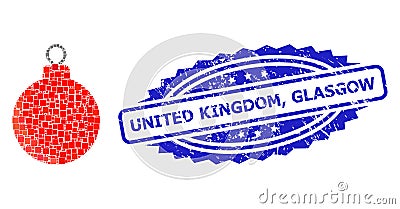 Textured United Kingdom, Glasgow Stamp and Square Dot Mosaic Christmas Ball Vector Illustration