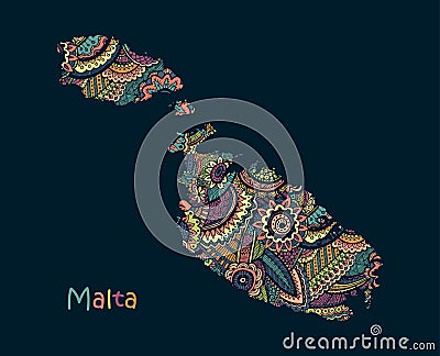 Textured vector map of Malta. Hand drawn ethno pattern, tribal background. Vector Illustration