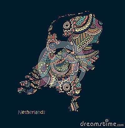 Textured vector Map Of Netherlands. Illustration in hand drawing doodle style Vector Illustration