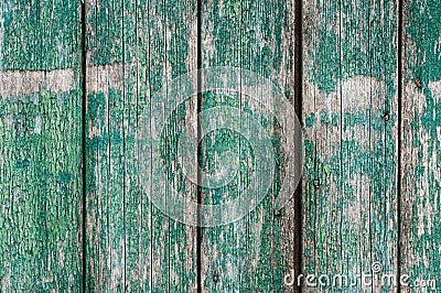 Textured weathered wooden surfase with vertical boards, cracked blue green Stock Photo