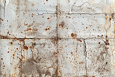 Textured white metal wall exhibits rustic beauty with rust stains Stock Photo