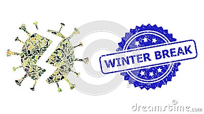 Textured Winter Break Stamp Seal and Military Camouflage Collage of Broken Virus Vector Illustration