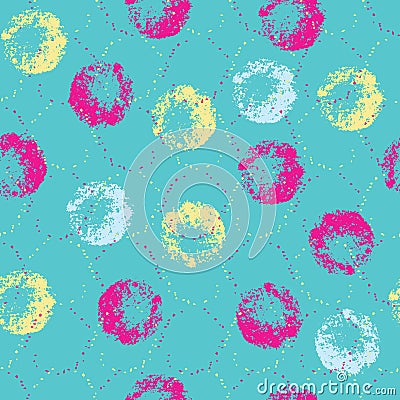 Textured yellow pink grey circles on acqua background seamless pattern. Vector Illustration