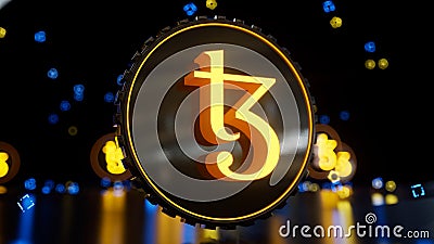 Tezos coin sign on abstract neon background. Blockchain token 3d render Cartoon Illustration