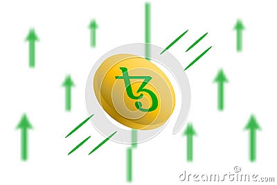 Tezos coin up. Green arrow up with gaussian blur effect background. Tezos XTZ market price soaring. Green chart rise up. Vector Illustration