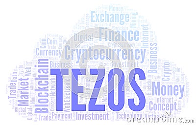 Tezos cryptocurrency coin word cloud. Stock Photo