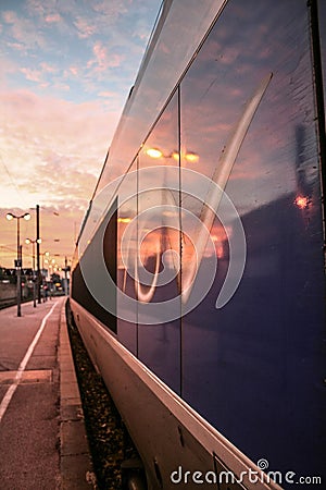 TGV logo on French High Speed train unit ready for departure on Toulon train station platform. TGV is one of main trains of SNCF Editorial Stock Photo