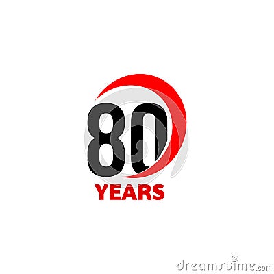 80th Anniversary abstract vector logo. Eighty Happy birthday day icon. Black numbers in red arc with text 80 years. Vector Illustration